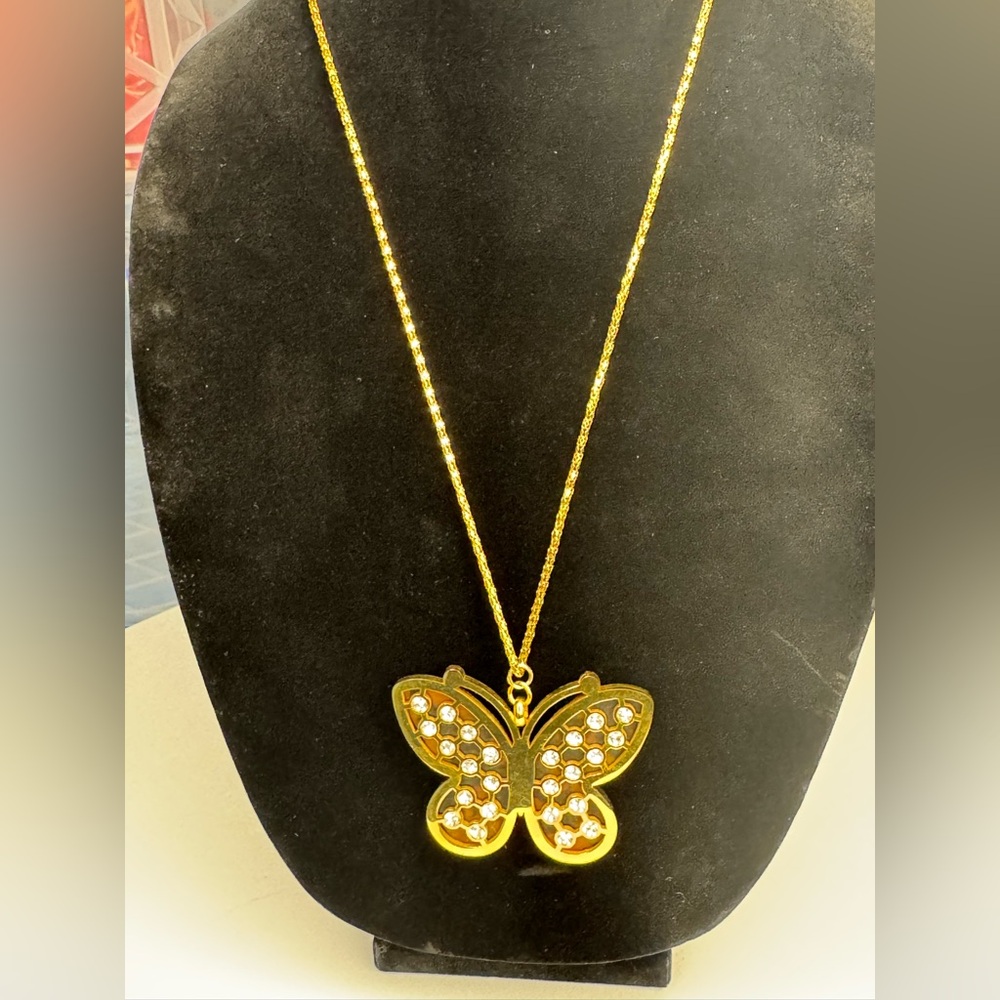 Butterfly pendant necklace tortoise rhinestones - Picture 3 of 11